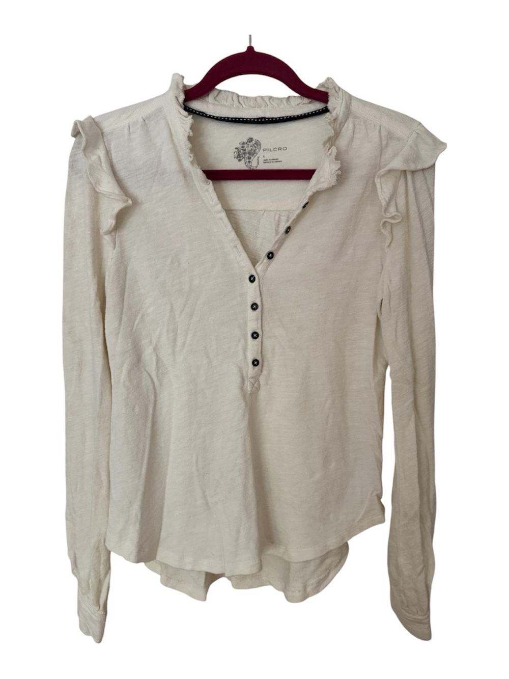 Pilcro Cream Long-Sleeve Ruffle Henley Top
